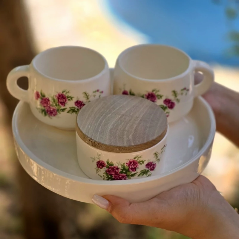 ست های دونفره چایخوری سرامیک دستساز با درب چوبی